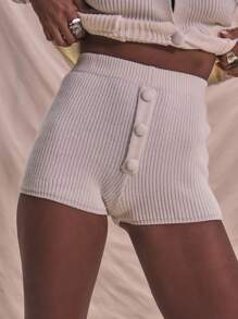 MUSERA Fitted Knitted Button Detail Shorts Bottoms Spring Summer Holiday Soft Serve Airport - Apricot - View 5
