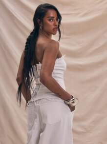 MUSERA Distressed Bandeau Cinched Waist Denim Top Spring Summer Cute Boho, Elegant, Holiday Soft Serve Ibiza Concert Streetwear Going Out Night Out Date Night Casual White Fall Autumn Winter Fall Winter  Chic - White - View 3