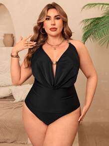 Swim Chiccia 2pcs/Set Plus Size Women's Black Metal Accent Deep V Backless Sexy Tankini Set, Minimalist Summer Swimwear & Beachwear - Black - View 5