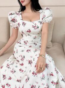 Feyla Women's Floral Print Puff Sleeve Sweetheart Collar Elegant French Romantic Dress Summer Wedding Vacation Date Birthday White And Pink - White - View 3