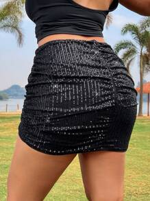 SHEIN EZwear Plus Size Women Sequin Ruched Elegant Skirt - Black - View 2