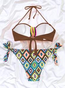 Swim Vcay Women's Summer Beach Floral Print Halter Tie Sexy Bikini Swimwear Set - Push Up & Gather, Printed Pattern Varies - Brown - View 3