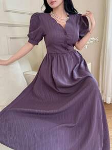 Feyla 女士优雅纯色泡泡袖连衣裙 - 紫色 - 查看 4