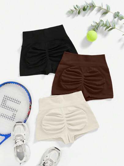 Easithlete 3 件套女士纯色褶皱运动短裤