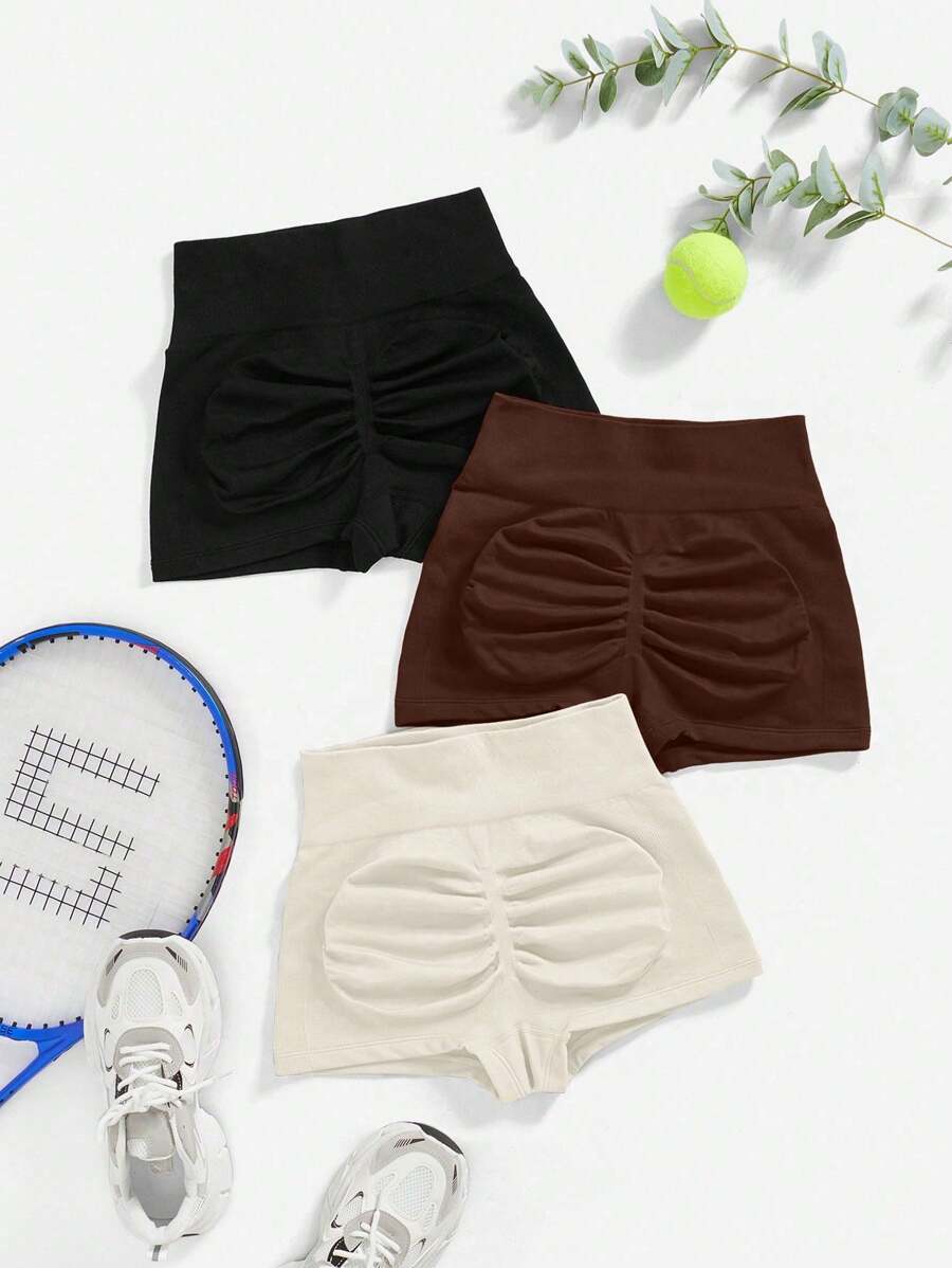 Easithlete Set de 3 shorts deportivos de mujer fruncidos de unicolor - Multicolor - Ver 1