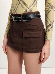 Arave Women's Casual Brown Denim Mini Skirt With Pockets - Coffee Brown - View 4
