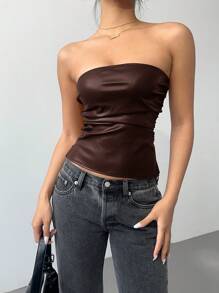 Siren Gaze 新年和情人节女士勃艮第皮革上衣时尚褶皱不对称下摆抹胸，适合外出和派对上衣，新年女士，抹胸 - 咖啡棕 - 查看 5