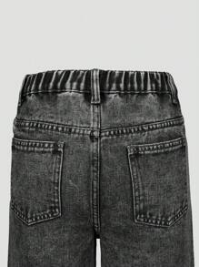 Girls' Grey Fashionable Casual Loose Wide Leg Washed Jeans With Rhinestone Decor - Dark Grey - View 4