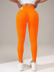 SHEIN Core Rhythm Sport Studio 女式高腰无缝修身紧身裤 - 弹性柔软透气四向拉伸紧身裤，适合跑步、骑行、瑜伽、泡菜球运动、休闲 - 橘色 - 查看 2