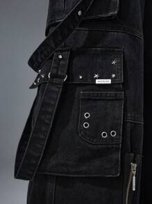 NEON BLANC 男士街头时尚铆钉宽松 3D 口袋拉链独特牛仔裤，街头服饰 - 黑色 - 查看 4