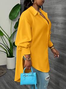 SHEIN CURVE+ Blusa de manga farol talla grande, primavera playa para mujer, vacaciones en la playa, esenciales de playa, graduación, fiesta de té - Amarillo - Ver 7