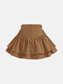 年轻女孩休闲双层裙子，带荷叶边下摆和侧系带，非常适合秋冬季休闲日常穿着和学校日常穿着，妈妈和女儿搭配，姐妹和我搭配 - 咖啡棕 - 查看 2