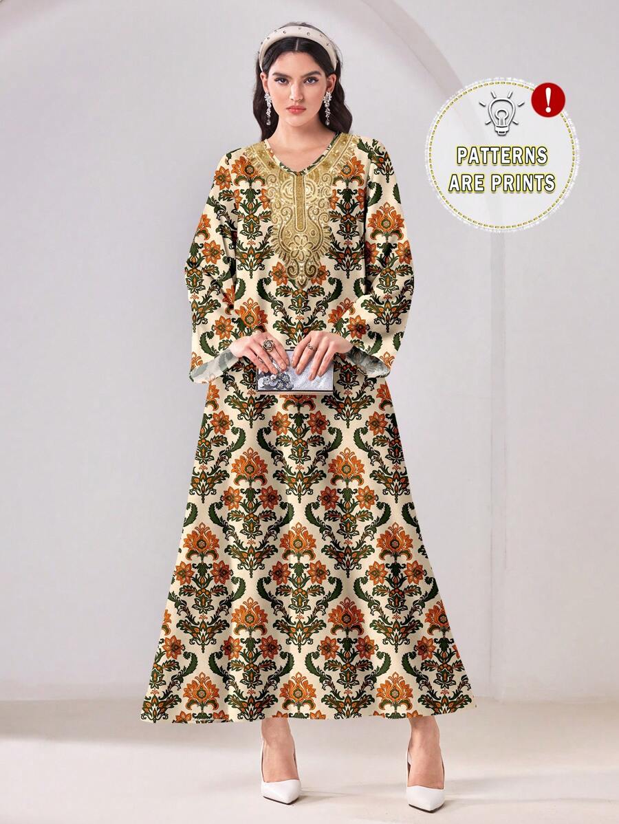 SHEIN Najma Minimalist Design All-Over Print Modest Arabian Style Dress - White - View 1