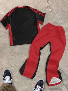 SHEIN Cooles Silhouetten- und Flammen-Muster Hiphop-Stil Teenager Tween Jungen Loose Fit Rundausschnitt Kurzarm T-Shirt & weitausgestellte Hose 2-teiliges Set, geeignet für Frühling und Sommer
