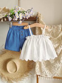 SHEIN 2pcs/Set Girls Summer Hollow Out Camisole Top + Shorts Set, Baby Girl Fresh & Fashionable Outfit Suitable For Outdoor Wear - Multicolor - View 4