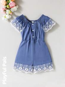 SHEIN Young Girl Lace Trim Off Shoulder Simple Fashion Jumpsuit, Suitable For Summer - Medium Wash - View 1