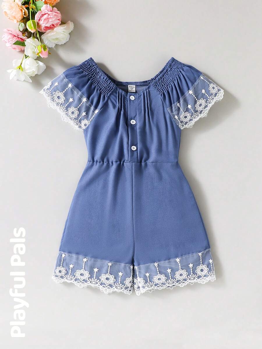 SHEIN Young Girl Lace Trim Off Shoulder Simple Fashion Jumpsuit, Suitable For Summer - Medium Wash - View 1