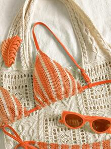 Swim Mod Women 2pcs/Set Summer Vacation Beach Outfit, Hollow-Out Textured Fabric Striped Tie Front St. Patrick's Day Bikini Set - Orange - View 3
