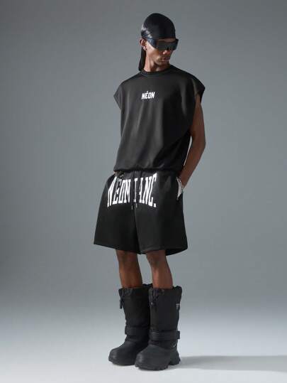 NEON BLANC Men Street Fashion Loose Fit Knitted Letter Graphic Print Shorts