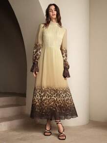 Anewsta Vacation Vibe Leopard Gradient Print Pleated Women Dress - Coffee Brown - View 3
