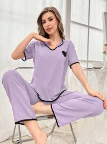 心形印花女式休闲睡衣套装 - 紫色 - 查看 3
