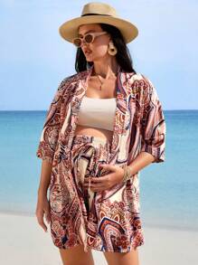 SHEIN 2pcs Maternity Plant Print Kimono Top And Shorts Set - Multicolor - View 4