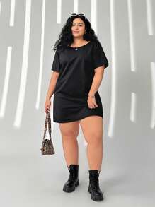 SHEIN EZwear Butterfly Hollow Out Embroidered Casual Plus Size Women Dress - Black - View 4