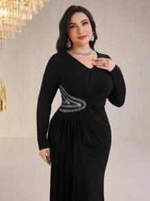 Modelyn Đầm thanh lịch cổ chữ V tay dài đính đá trang trí eo cỡ lớn cho nữ - màu đen - Xem 3