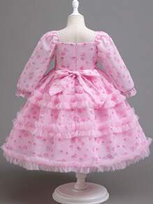 SHEIN Glamorique Kids Girls Party Dress With Floral & Cake Print, Long Sleeve Costume Dress, All Season Young Girls Floral Dress Birthday Dresses For Girls Birthday Dresses For Kids - Pink - View 2