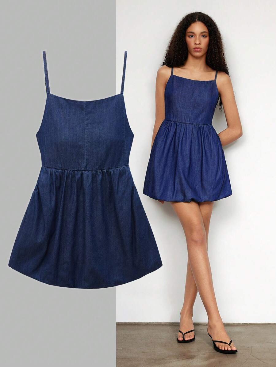 Maija 女士蓝色牛仔吊带荷叶边中长连衣裙 - 深色水洗藍 - 查看 1
