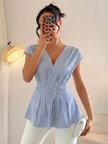 SHEIN Unity Women's Striped Pleated Hem V-Neck Casual Elegant Fashion Blouse - Blue - View 5