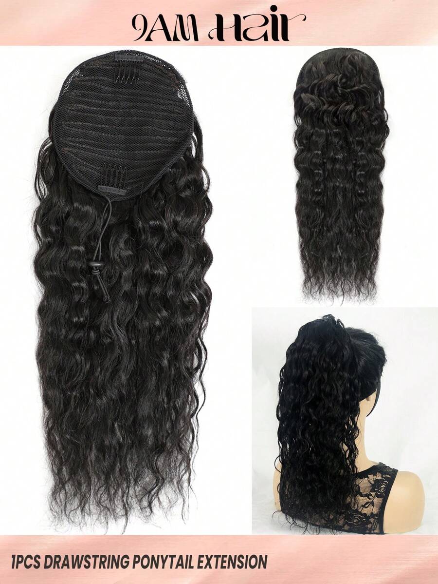1Pc Water Wave Drawstring Ponytail Natural Black Extensions Curly Wave Clip In Remy Human Hair For Women Hair Extensions