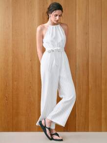 Chiquease 女士休闲商务系腰条纹挂脖无袖连体裤 - 白色 - 查看 3