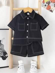 2pcs/Set Baby Boy/Girl Casual School Chic Oversized Top/Shirt With Elastic Waist Shorts Outfit, Suitable For Spring/Summer Indoor And Outdoor Wear