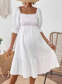 SHEIN Maternity Striped V-Neck Puff Sleeve Casual Dress - White - View 7