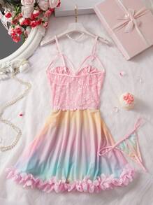 2pcs Lace Patchwork Print Mesh Hem Ruffle Trim Plus Size Sexy Camisole Slip Dress + Thong Set - Multicolor - View 5