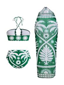 Swim Oasis 女士露背褶皱棕榈树绿色轮廓热带度假海滩高端优雅波西米亚风泳装套装，春夏