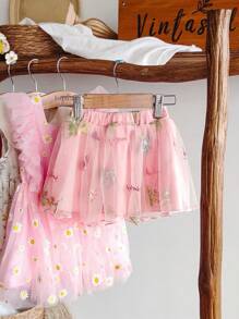 SHEIN Falda de gasa con bordado floral rosa, estilo princesa casual para niñas bebé en primavera y verano - Rosa Pálido - Ver 1