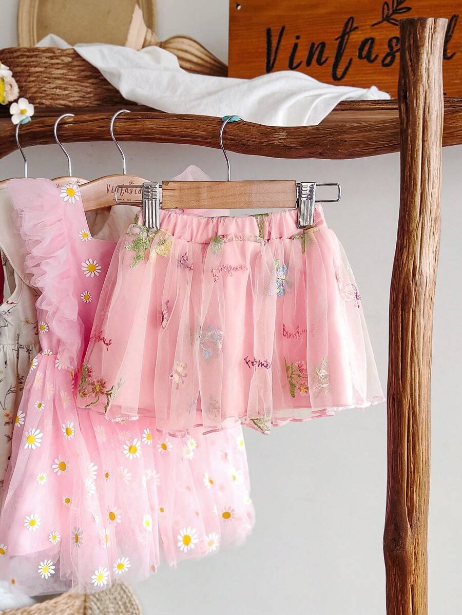 SHEIN Falda de gasa con bordado floral rosa, estilo princesa casual para niñas bebé en primavera y verano - Rosa Pálido - Ver 1