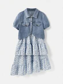 SHEIN 2pcs Tween Girl Denim Jacket And Asymmetrical Hem Ditsy Floral Dress Set, Casual, Elegant, Suitable For Holiday & Outings, Spring/Summer - Multicolor - View 8