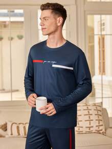 Manfinity Underwear&Sleepwear Basics Men's Long Sleeve Round Neck T-Shirt And Long Pants Pajama Set