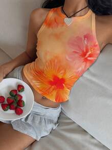 Aloruh Neue lässige Urlaubs-Rüschen-Orange-Batik-Blumen-Muster Damen Tank Top, geeignet für Sommer, Strandurlaub/Frühjahrsferien/Musikfestival