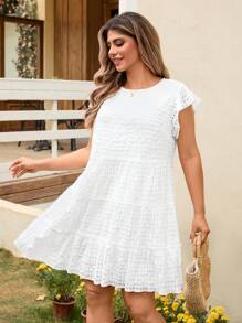 SHEIN LUNE SHEINLUNE 大码女式白色格子褶皱蝴蝶袖褶皱迷你连衣裙，适合婚礼季节，全白女装，婚礼宾客礼服女士新娘送礼会礼服白色婚礼礼服毕业礼服白色毕业礼服毕业装，女士海滩装女士海滩早午餐装女士机场装，波西米亚风女装波西米亚风时尚，女士海滩装，可爱夏季连衣裙卡哇伊