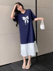 DAZY Women's Bow Patchwork Round Neck Short Sleeve Casual Dress Sundress Maxi Dress - Navy Blue - View 7