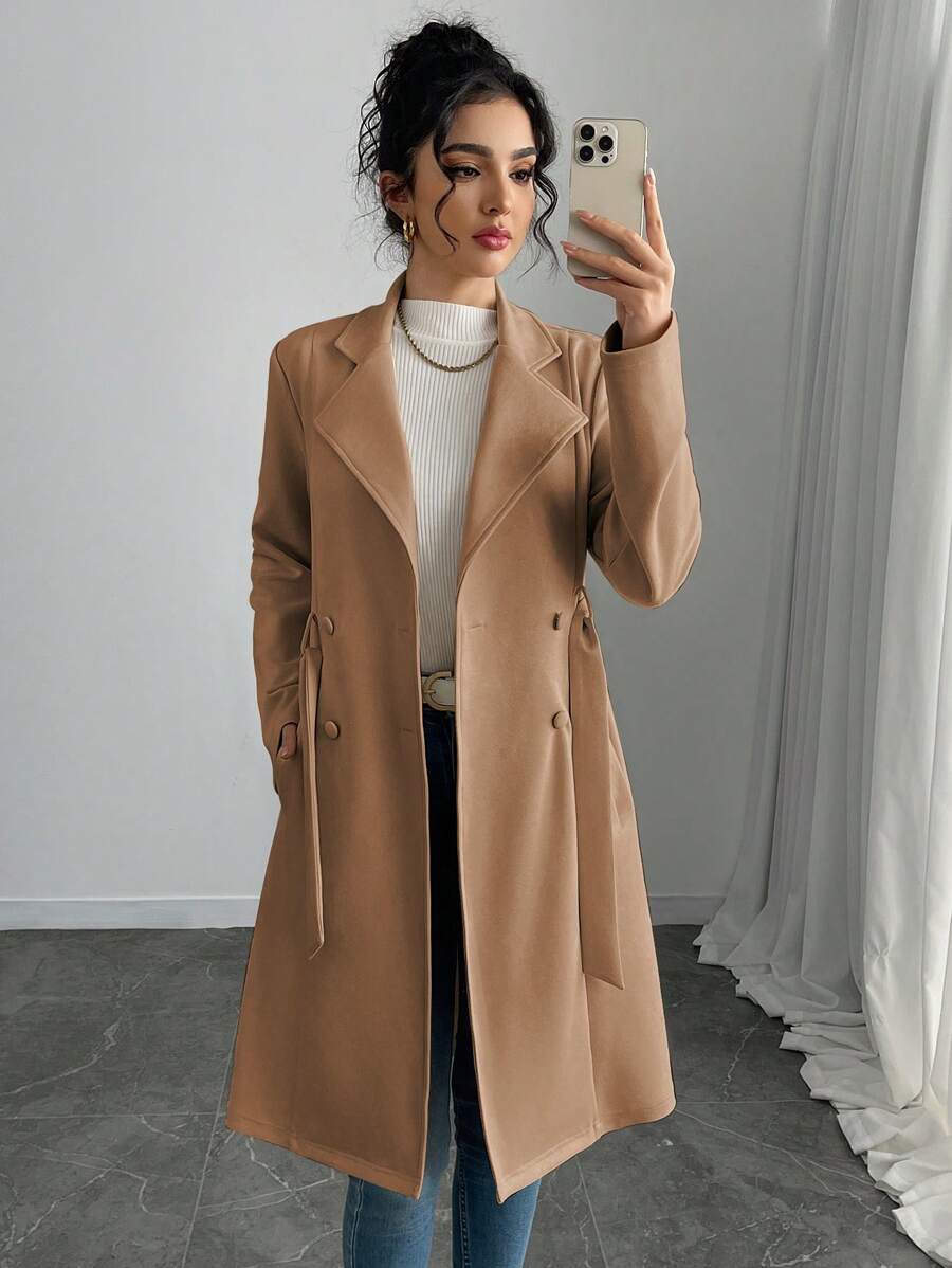 Rafferiza Chaqueta regular de mujer de unicolor, de doble botonadura, con bolsillos laterales, de imitación - Caqui - Ver 1