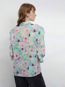 Maija 女士花卉印花荷叶边休闲商务衬衫，宽松短袖领衬衫，现代都市优雅浪漫时尚，柔软舒适，粉色和绿色 - 彩色 - 查看 5