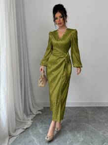 Modelyn 女士优雅腰部图案紧身连衣裙，适合春夏季 - 綠色 - 查看 6