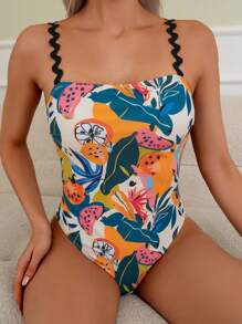 SHEIN Swim 荷叶边吊带热带印花连体泳衣