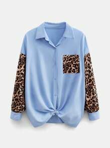 SHEIN EZwear Plus Size Blue Leopard Print Panel Shirt, Spring/Summer - Multicolor - View 3