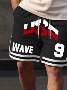 Aesthetic Post--Men's Letter Print Drawstring Waist Pocket Loose Casual Shorts